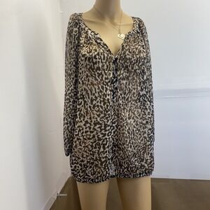 Liz Claiborne Top Womens Large Brown Black White Long‎ Sleeve V Neck Ladies